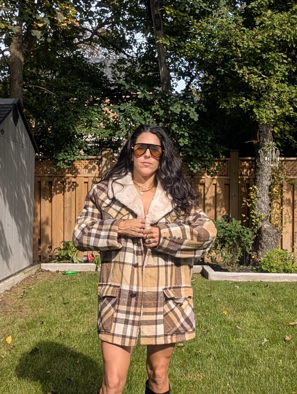 Vintage Retro Plaid Pea Coat in Brown and Cream Unisex